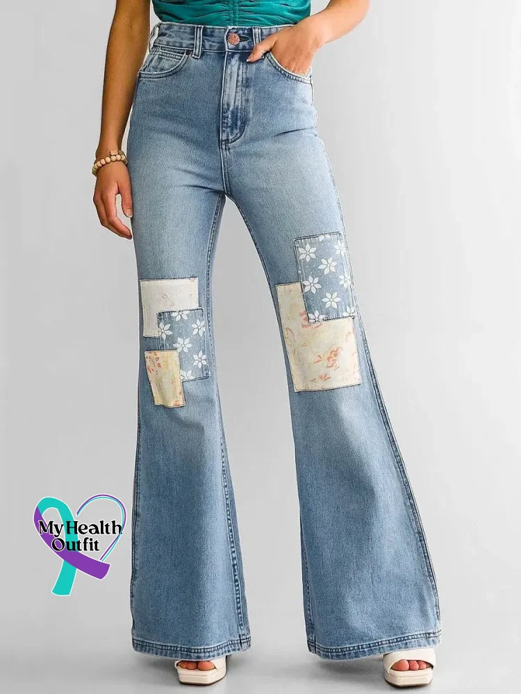 Women’s Vintage Pattern Art Print Casual Cotton Denim Jeans Blue / S