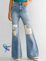 Women’s Vintage Pattern Art Print Casual Cotton Denim Jeans Blue / S