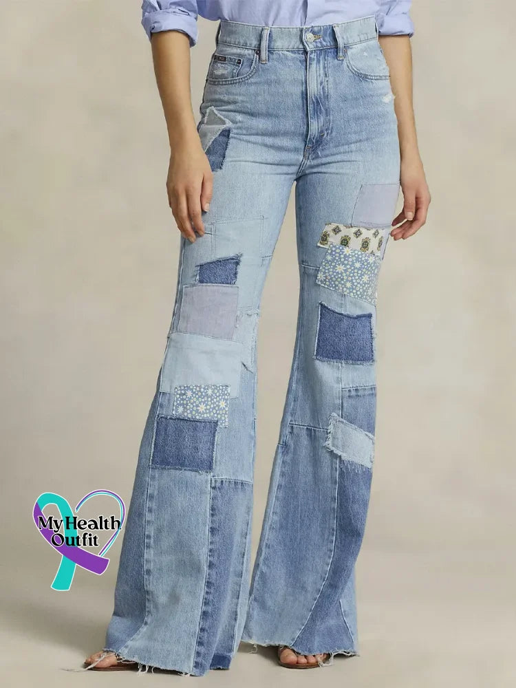 Women’s Vintage Pattern Art Print Casual Cotton Denim Jeans Blue / S