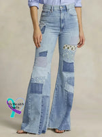 Women’s Vintage Pattern Art Print Casual Cotton Denim Jeans Blue / S
