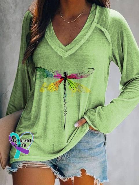 Women’s Warrior Cancer Awareness Art Print Casual V-Neck Long Sleeve Top Green / S