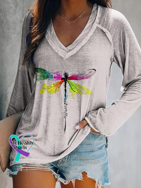 Women’s Warrior Cancer Awareness Art Print Casual V-Neck Long Sleeve Top Grey / S