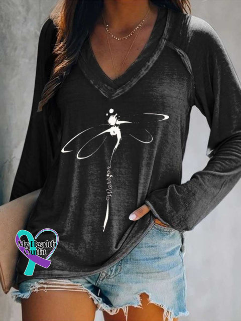 Women’s Warrior Dragonfly Print Casual V Neck Long Sleeve Tops Black / S