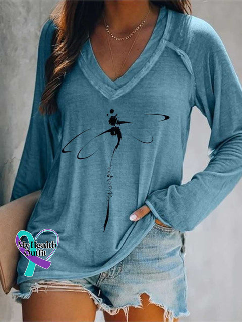 Women’s Warrior Dragonfly Print Casual V Neck Long Sleeve Tops Blue / S