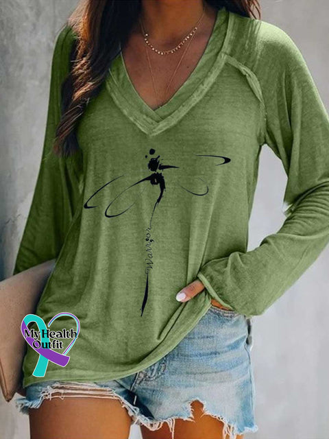 Women’s Warrior Dragonfly Print Casual V Neck Long Sleeve Tops Green / S