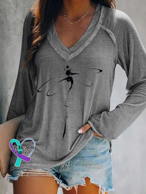 Women’s Warrior Dragonfly Print Casual V Neck Long Sleeve Tops Grey / S