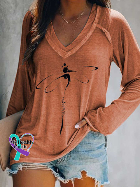 Women’s Warrior Dragonfly Print Casual V Neck Long Sleeve Tops Orange / S