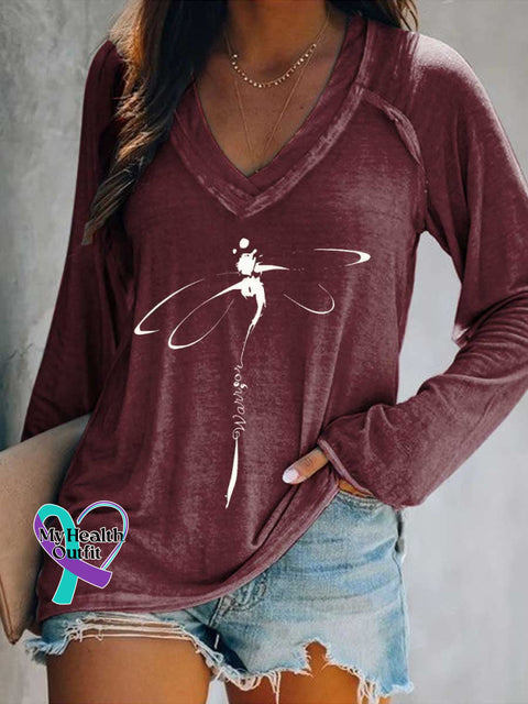 Women’s Warrior Dragonfly Print Casual V Neck Long Sleeve Tops Red / S
