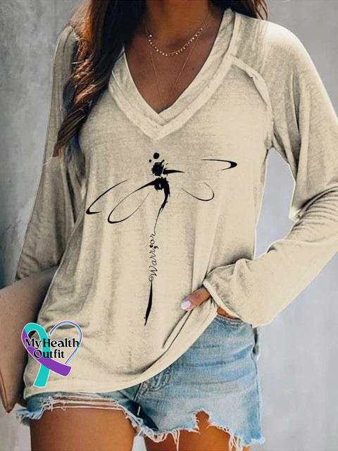 Women’s Warrior Dragonfly Print Casual V Neck Long Sleeve Tops Sand / S