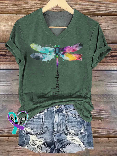 Women’s Warrior Dragonfly V-neck Casual T-Shirt Green / S