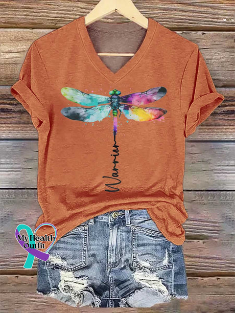 Women’s Warrior Dragonfly V-neck Casual T-Shirt Orange / S