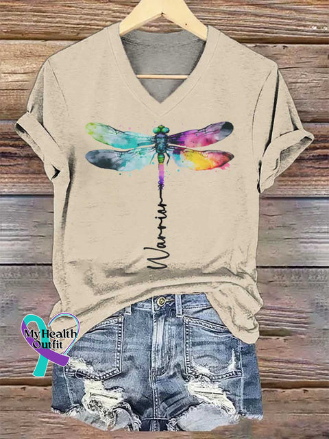 Women’s Warrior Dragonfly V-neck Casual T-Shirt Sand / S