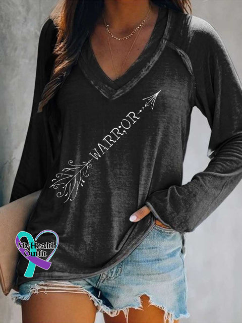 Women’s WARRIOR SUICIDE PREVENTION AWARENESS Print Casual V Neck Long Sleeve Tops Black / S