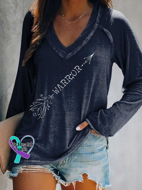Women’s WARRIOR SUICIDE PREVENTION AWARENESS Print Casual V Neck Long Sleeve Tops Blue / S