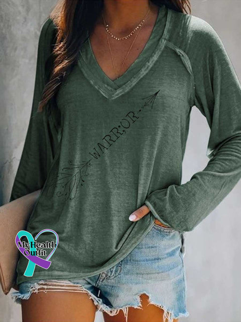 Women’s WARRIOR SUICIDE PREVENTION AWARENESS Print Casual V Neck Long Sleeve Tops Green / S