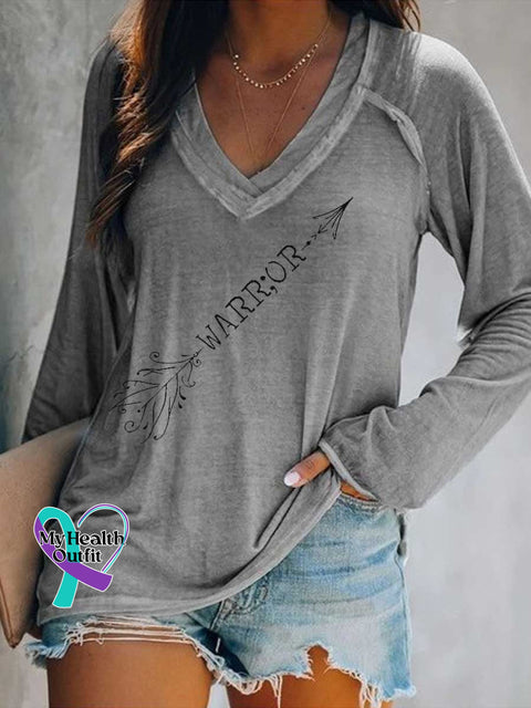 Women’s WARRIOR SUICIDE PREVENTION AWARENESS Print Casual V Neck Long Sleeve Tops Grey / S
