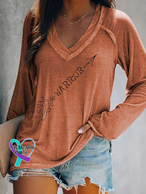Women’s WARRIOR SUICIDE PREVENTION AWARENESS Print Casual V Neck Long Sleeve Tops Orange / S