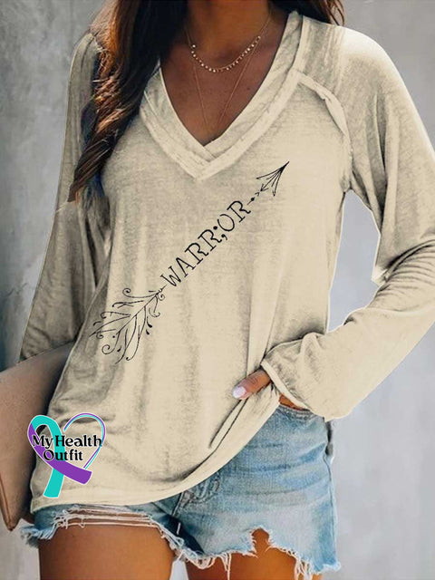 Women’s WARRIOR SUICIDE PREVENTION AWARENESS Print Casual V Neck Long Sleeve Tops Sand / S