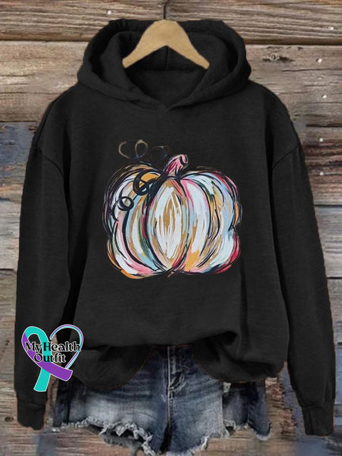 Women’s Watercolor Pumpkin Thanksgiving&Halloween Print Hoodie Black / S