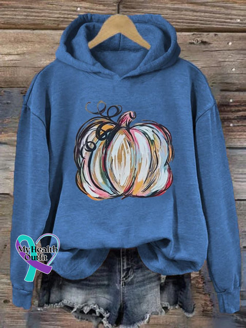 Women’s Watercolor Pumpkin Thanksgiving&Halloween Print Hoodie Blue / S