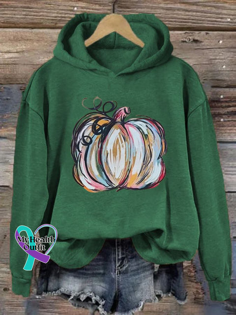 Women’s Watercolor Pumpkin Thanksgiving&Halloween Print Hoodie Dark Green / S