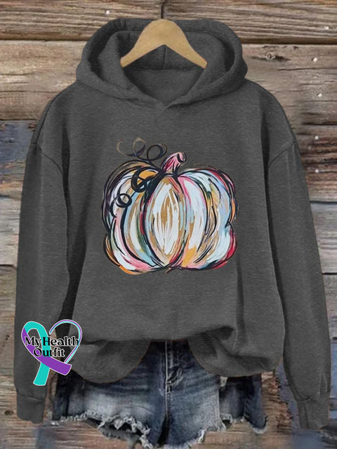 Women’s Watercolor Pumpkin Thanksgiving&Halloween Print Hoodie Dark Grey / S