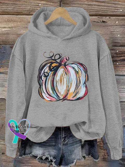Women’s Watercolor Pumpkin Thanksgiving&Halloween Print Hoodie Light Grey / S