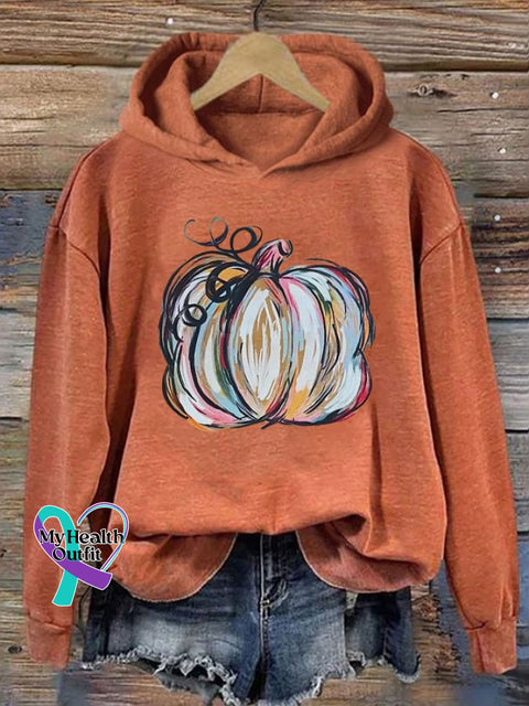 Women’s Watercolor Pumpkin Thanksgiving&Halloween Print Hoodie Pumpkin Orange / S