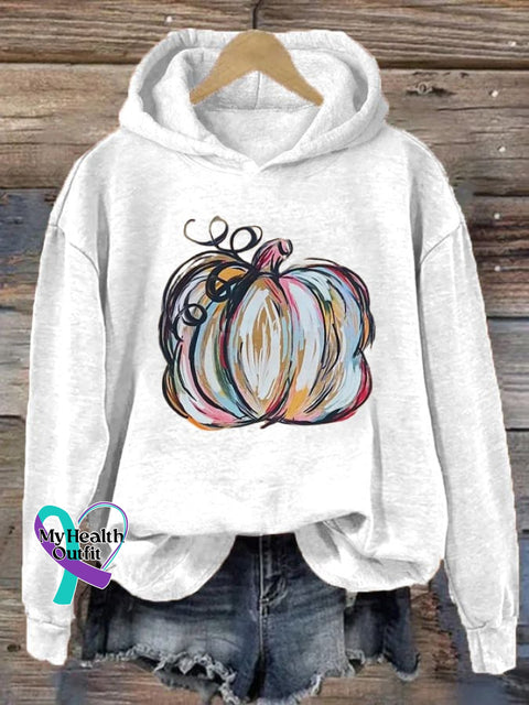 Women’s Watercolor Pumpkin Thanksgiving&Halloween Print Hoodie White / S