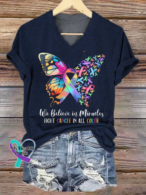 Women’s We Believe In Miracles FIGHT CANCER IN ALL COLOR V-neck Casual T-Shirt Blue / S