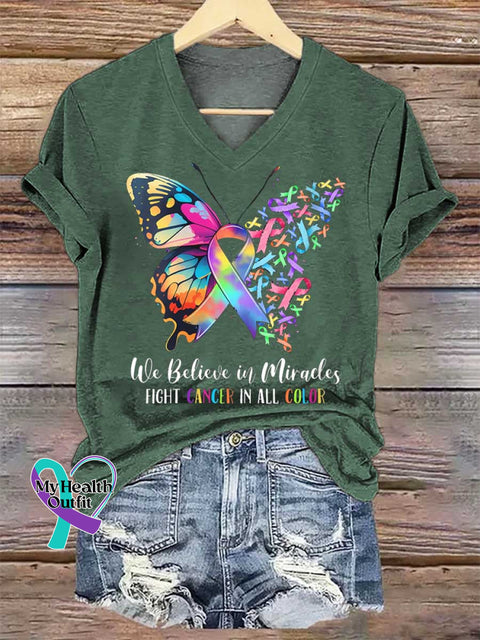 Women’s We Believe In Miracles FIGHT CANCER IN ALL COLOR V-neck Casual T-Shirt Green / S