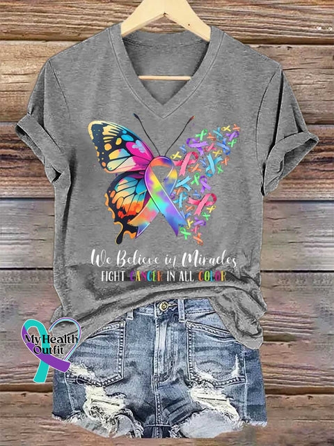 Women’s We Believe In Miracles FIGHT CANCER IN ALL COLOR V-neck Casual T-Shirt Grey / S