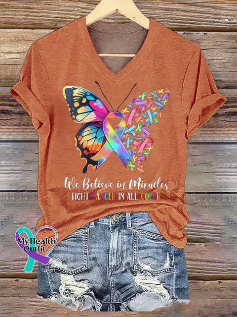 Women’s We Believe In Miracles FIGHT CANCER IN ALL COLOR V-neck Casual T-Shirt Orange / S