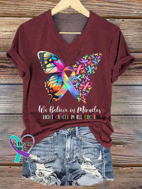 Women’s We Believe In Miracles FIGHT CANCER IN ALL COLOR V-neck Casual T-Shirt Red / S