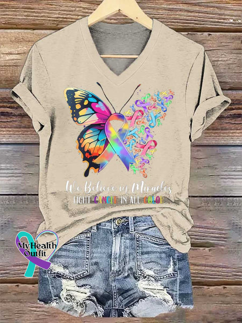 Women’s We Believe In Miracles FIGHT CANCER IN ALL COLOR V-neck Casual T-Shirt Sand / S