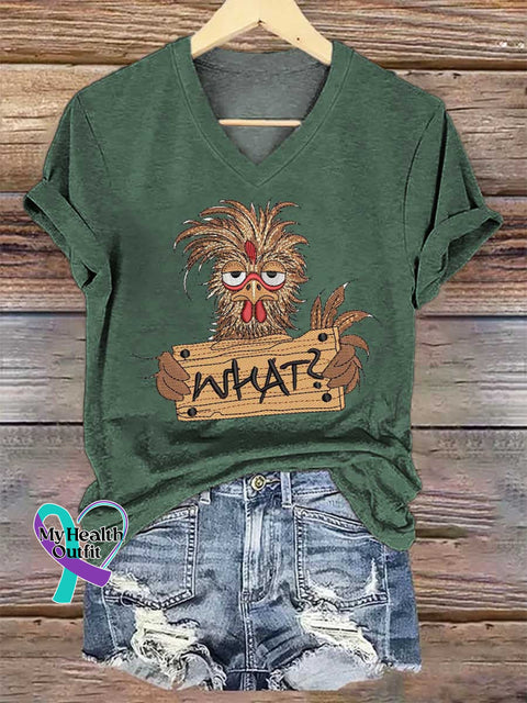 Women’s WHAT Chicken V-neck Casual T-Shirt Green / S