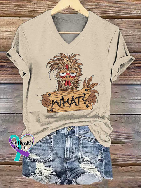 Women’s WHAT Chicken V-neck Casual T-Shirt Sand / S