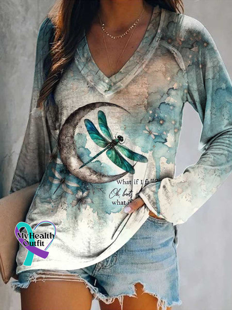 Women’s What If I Fall? Oh But Darling What If You Fly? Dragonfly Moon Print V Neck Long Sleeve Tops Color / S