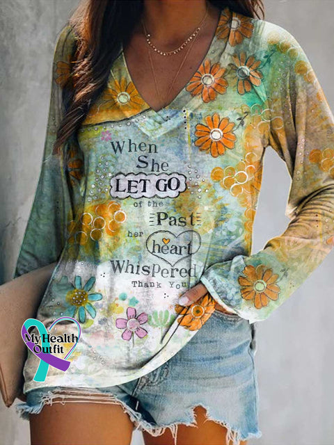 Women’s When She LET GO of The Past Her Heart Whispered Thank You Print Casual V Neck Long Sleeve Tops Multicolor / S