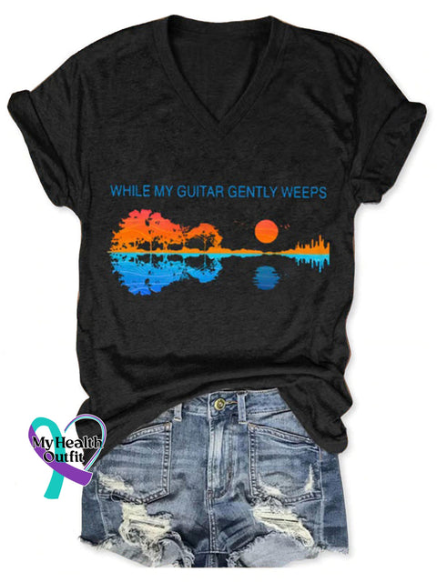 Women’s While Guitar Gently Weeps Art V neck Casual T Shirt Black / S