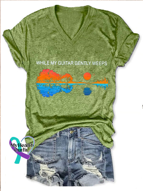 Women’s While Guitar Gently Weeps Art V neck Casual T Shirt Green / S