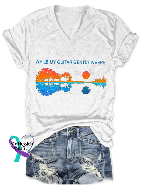 Women’s While Guitar Gently Weeps Art V neck Casual T Shirt White / S