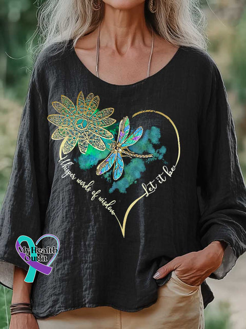 Women’s Whisper Wirds of Wisdow Let It Be Dragonfly Print Casual Cotton And Linen Shirt Black / S