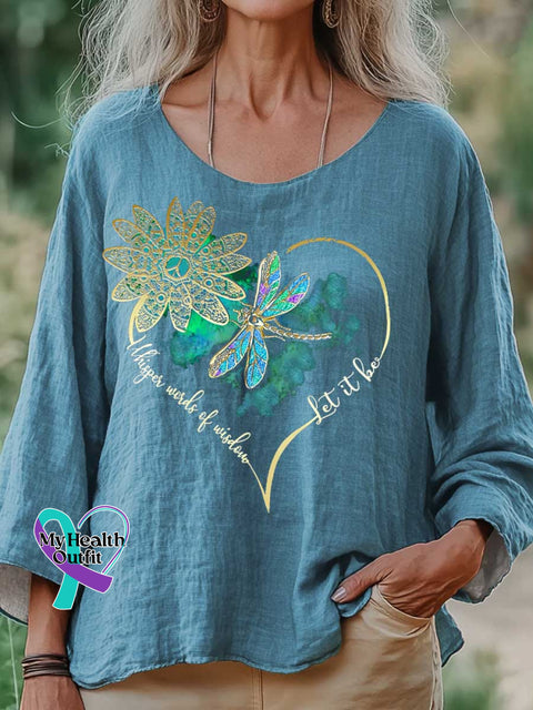 Women’s Whisper Wirds of Wisdow Let It Be Dragonfly Print Casual Cotton And Linen Shirt Blue / S