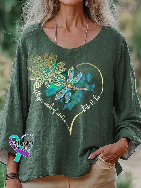 Women’s Whisper Wirds of Wisdow Let It Be Dragonfly Print Casual Cotton And Linen Shirt DarkGreen / S