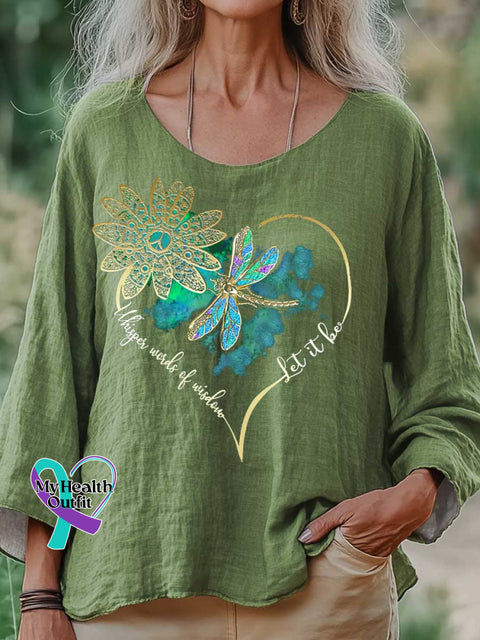 Women’s Whisper Wirds of Wisdow Let It Be Dragonfly Print Casual Cotton And Linen Shirt Green / S