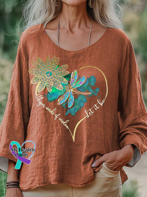 Women’s Whisper Wirds of Wisdow Let It Be Dragonfly Print Casual Cotton And Linen Shirt Orange / S