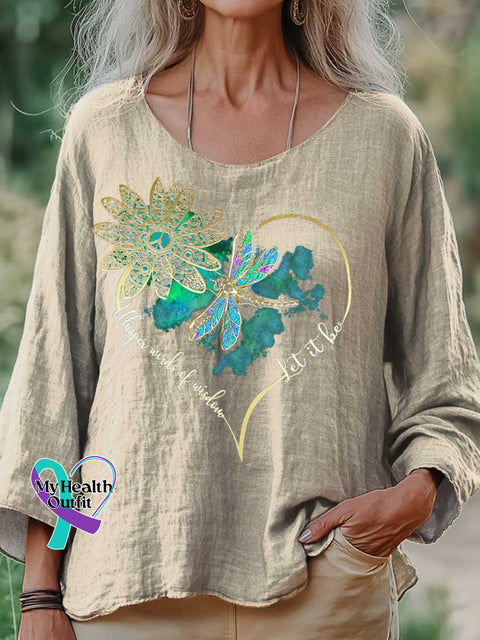 Women’s Whisper Wirds of Wisdow Let It Be Dragonfly Print Casual Cotton And Linen Shirt Sand / S