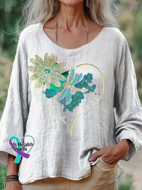 Women’s Whisper Wirds of Wisdow Let It Be Dragonfly Print Casual Cotton And Linen Shirt White / S