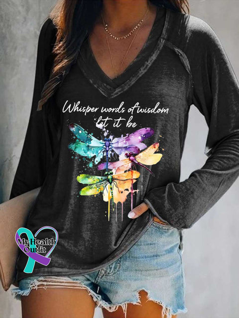 Women’s Whisper Wirds of Wisdow Let It Be Dragonfly Print V Neck Long Sleeve Tops Black / S